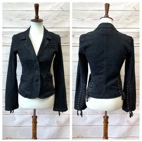 Vintage Jackets & Blazers - Vintage Y2K Tripp NYC Black Lace Up Denim Blazer Jacket